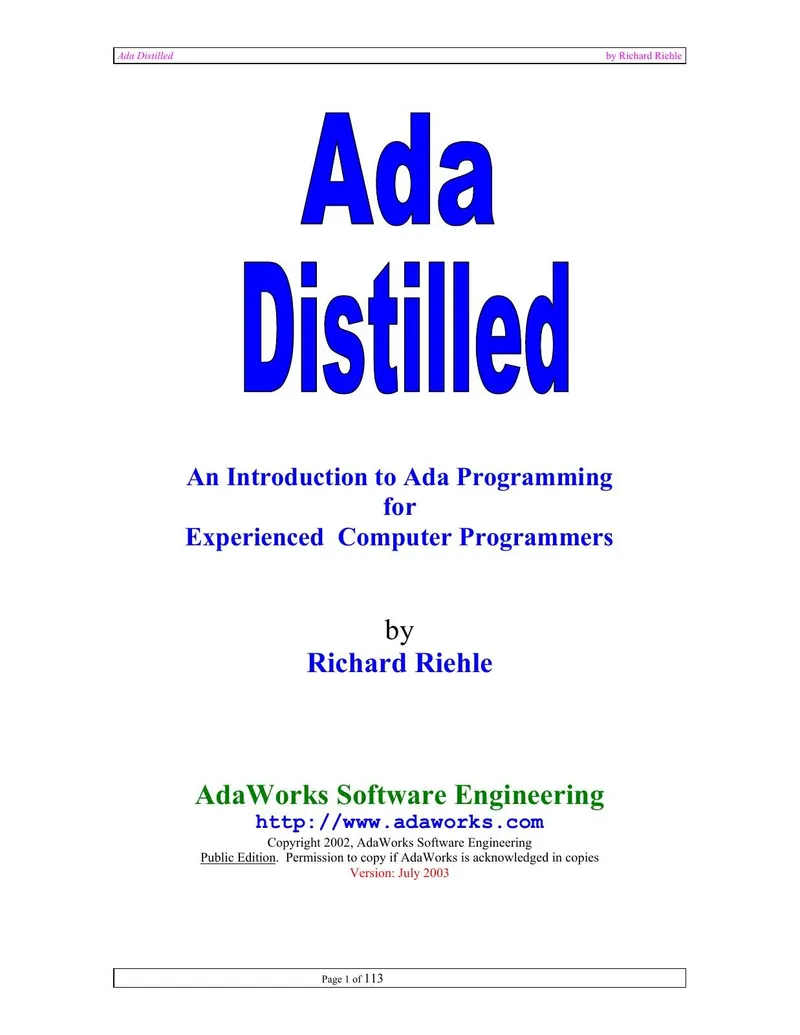 Ada Distilled: An Introduction to Ada Programming for Experienced Computer Programmers