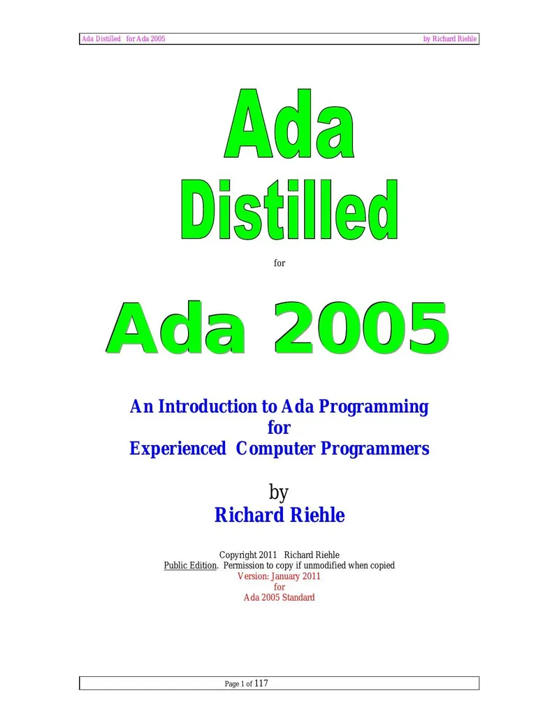 Ada Distilled for Ada 2005: An Introduction to Ada Programming for Experienced Computer Programmers