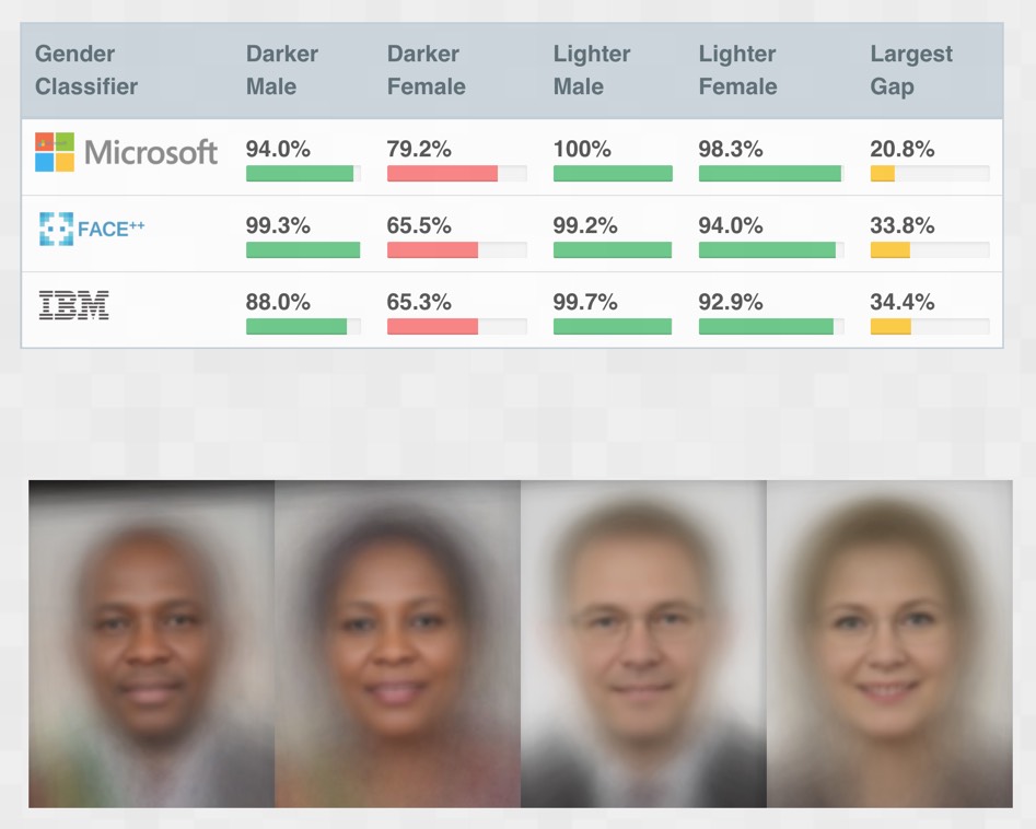 Table showing how various facial recognition systems perform way worse on darker shades of skin and females